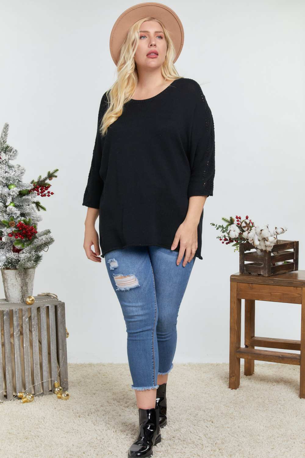 Solid Round Neck 3/4 Sleeve Sweater Top - Absolute Fashion 2020