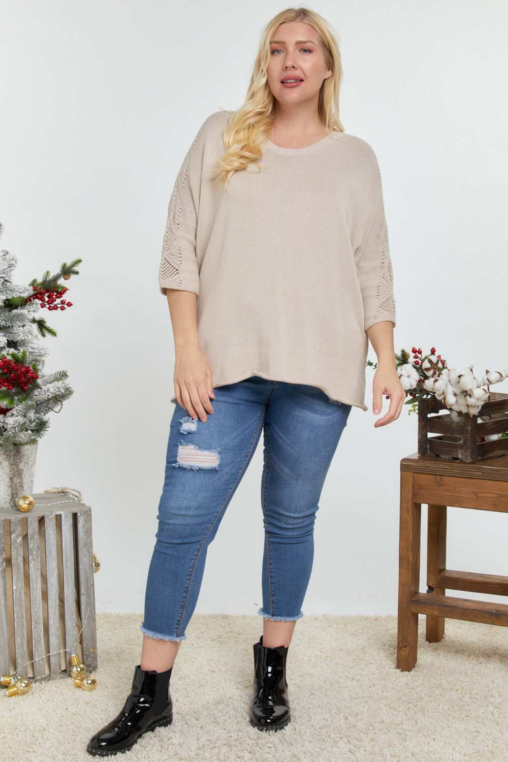 Solid Round Neck 3/4 Sleeve Sweater Top - Absolute Fashion 2020