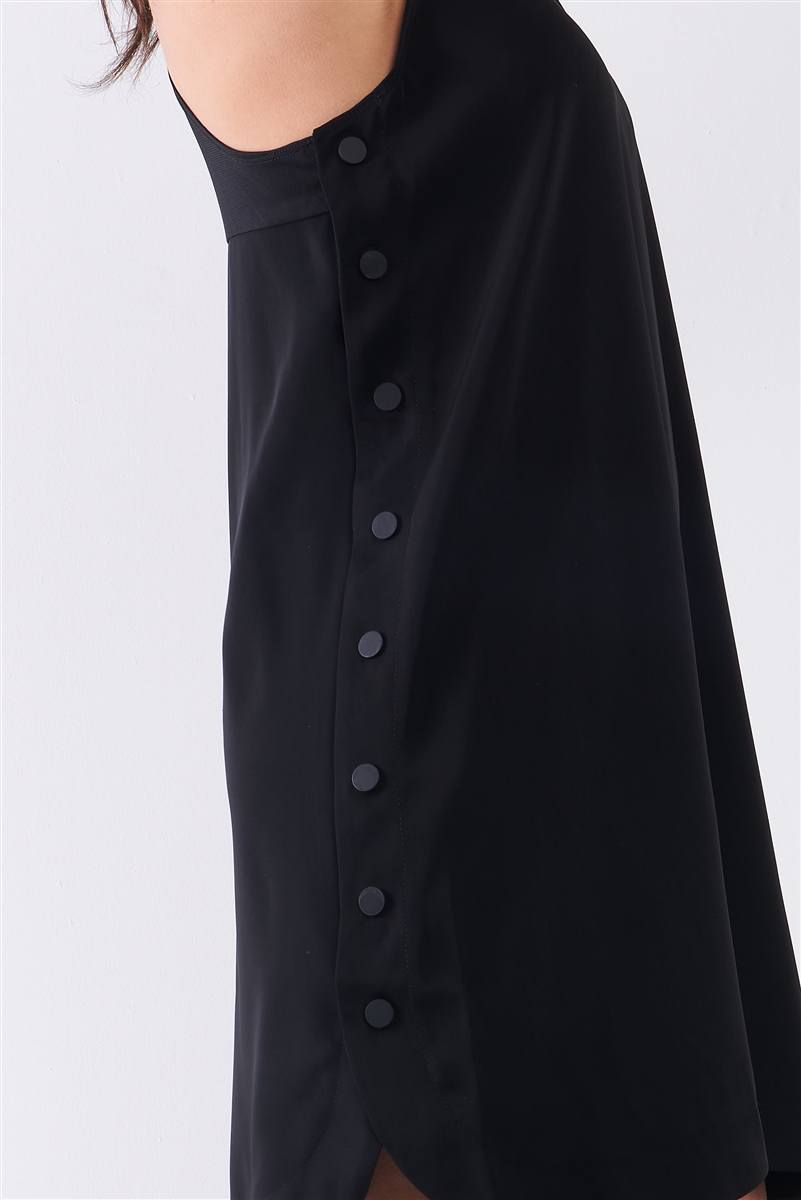 Black Sleeveless Crew Neck Side Snap Button Down Racerback Mini Tent Dress - Absolute Fashion 2020