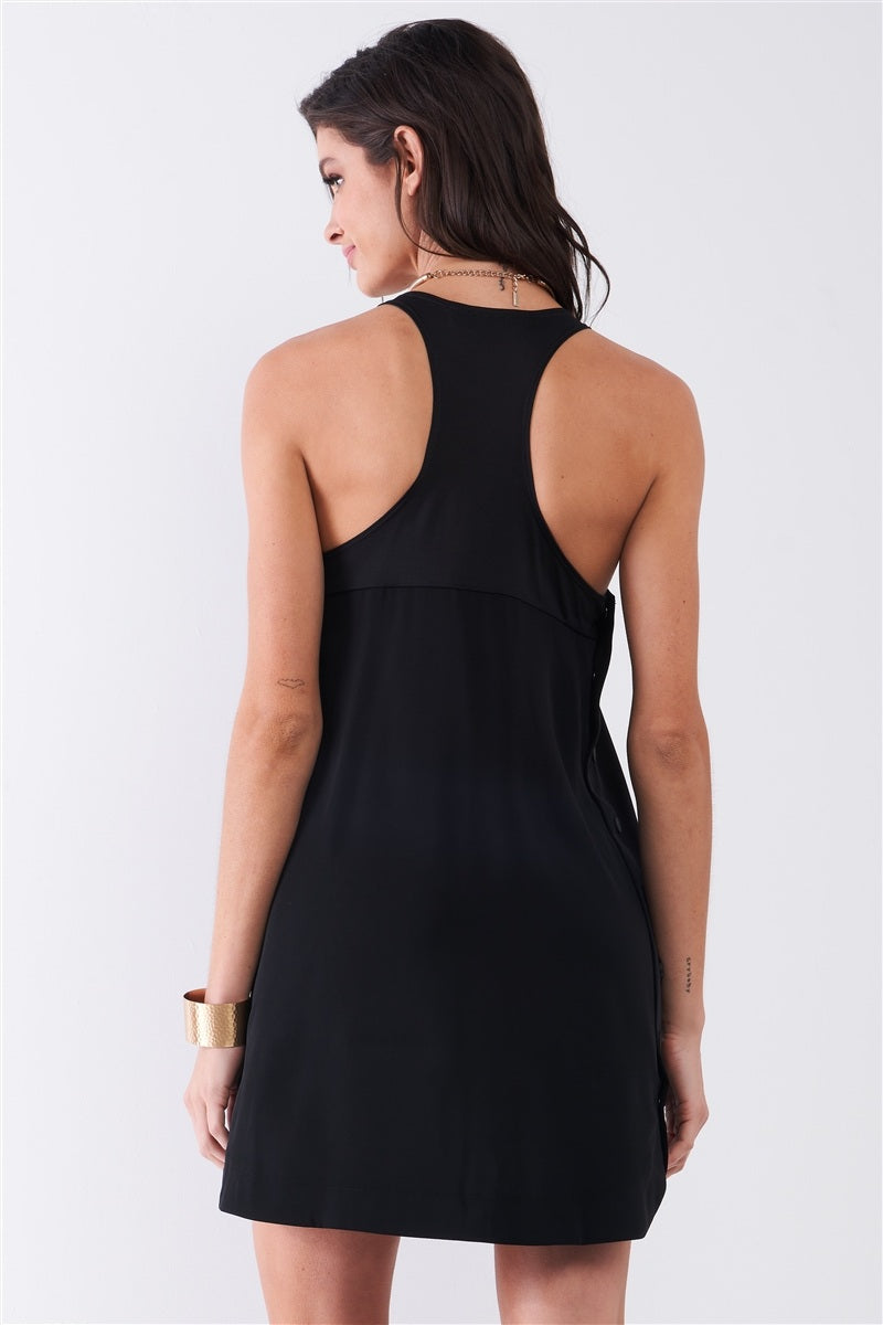Black Sleeveless Crew Neck Side Snap Button Down Racerback Mini Tent Dress - Absolute Fashion 2020