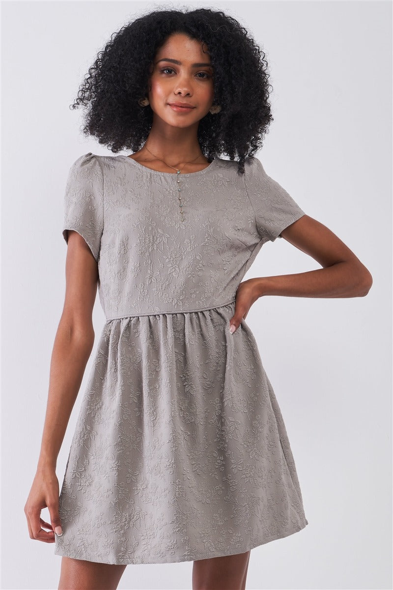 Silver Grey Floral Embroidery Round Neck Short Sleeve Mini Dress - Absolute Fashion 2020