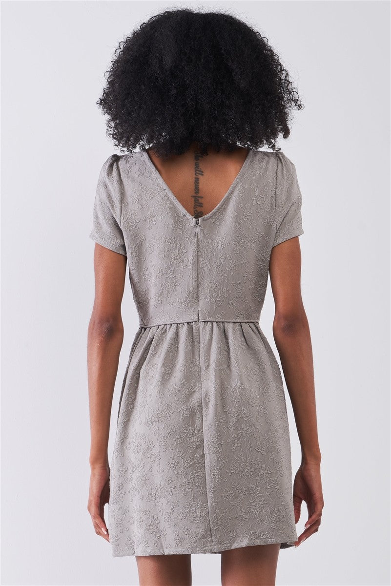 Silver Grey Floral Embroidery Round Neck Short Sleeve Mini Dress - Absolute Fashion 2020