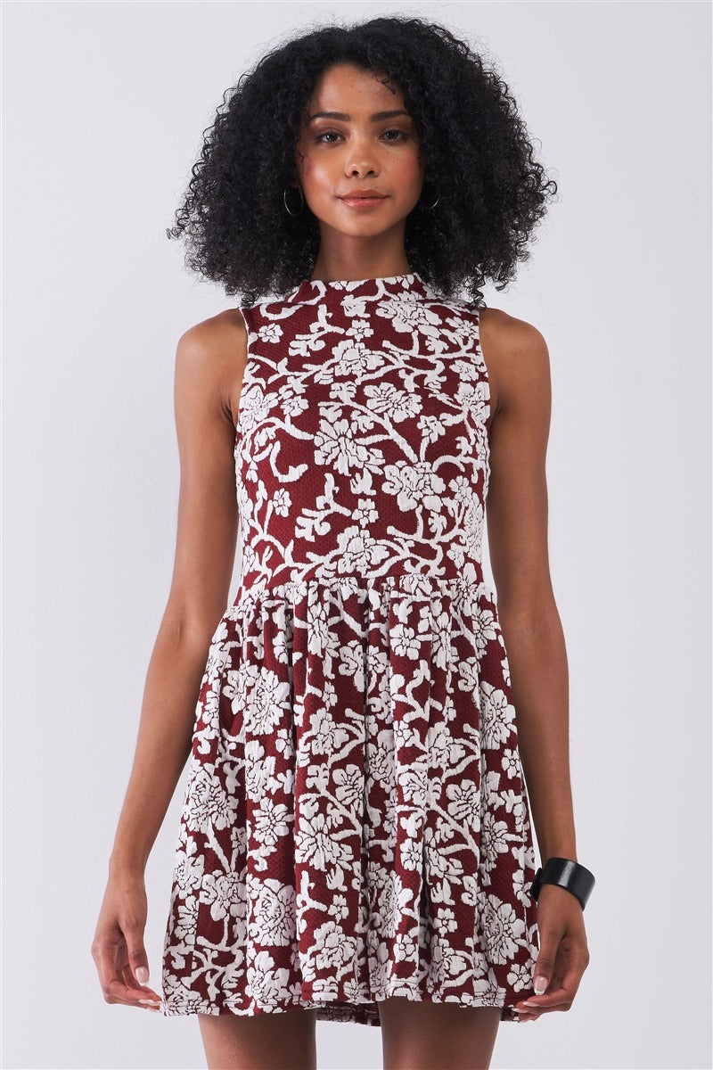 Burgundy & White Floral Crew Neck Sleeveless Fitted Mini Dress - Absolute Fashion 2020