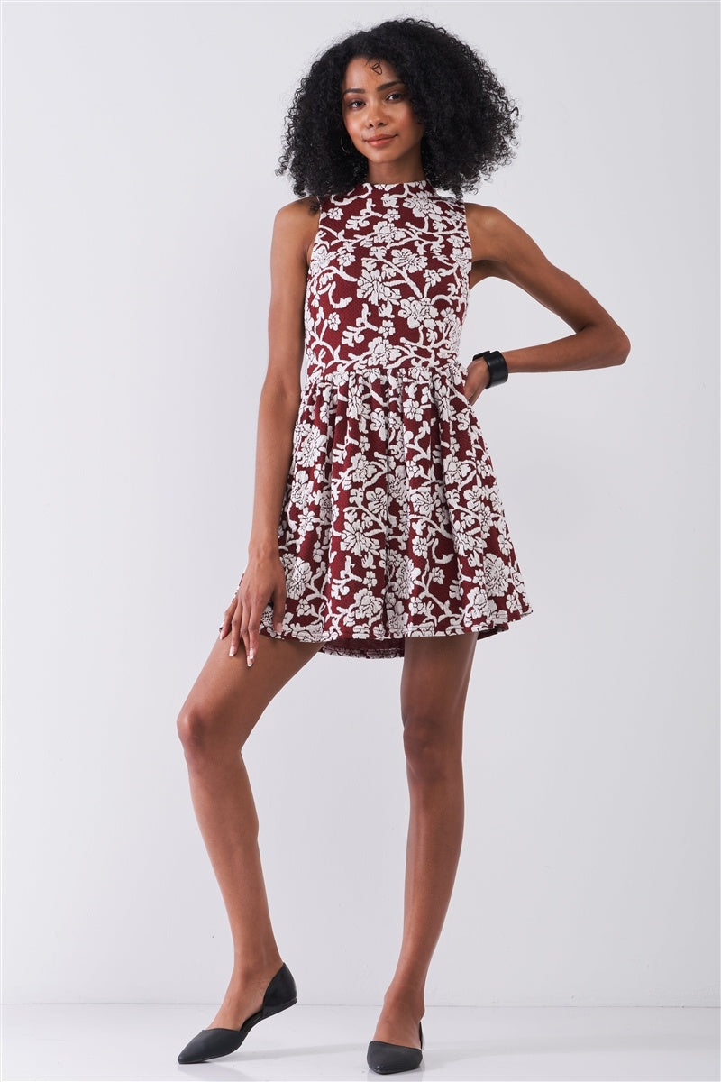 Burgundy & White Floral Crew Neck Sleeveless Fitted Mini Dress - Absolute Fashion 2020