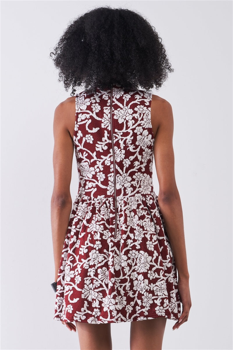 Burgundy & White Floral Crew Neck Sleeveless Fitted Mini Dress - Absolute Fashion 2020