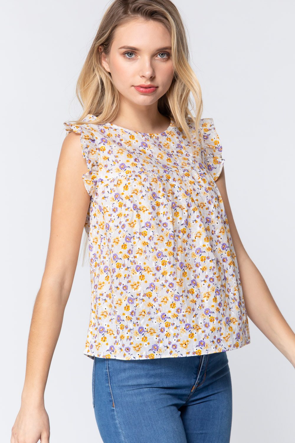 Ruffle Sleeveless Print Woven Top - Absolute Fashion 2020