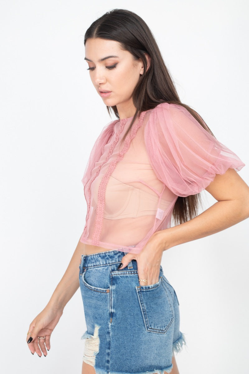 Round Neck Sheer Mesh Crop Top - Absolute Fashion 2020