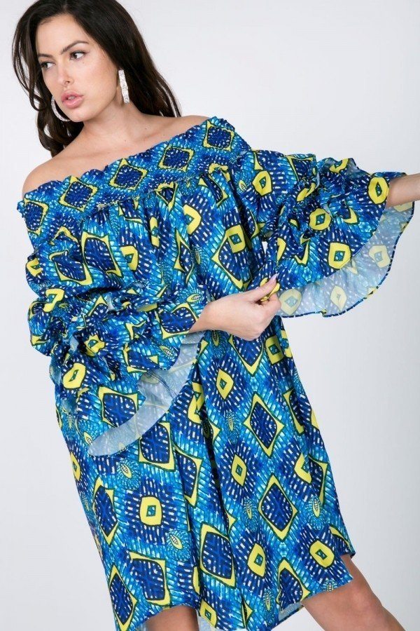 Puffy Ruffle Sleeve Smocking Off Shoulder Print Midi Dress - Absolute Fashion 2020