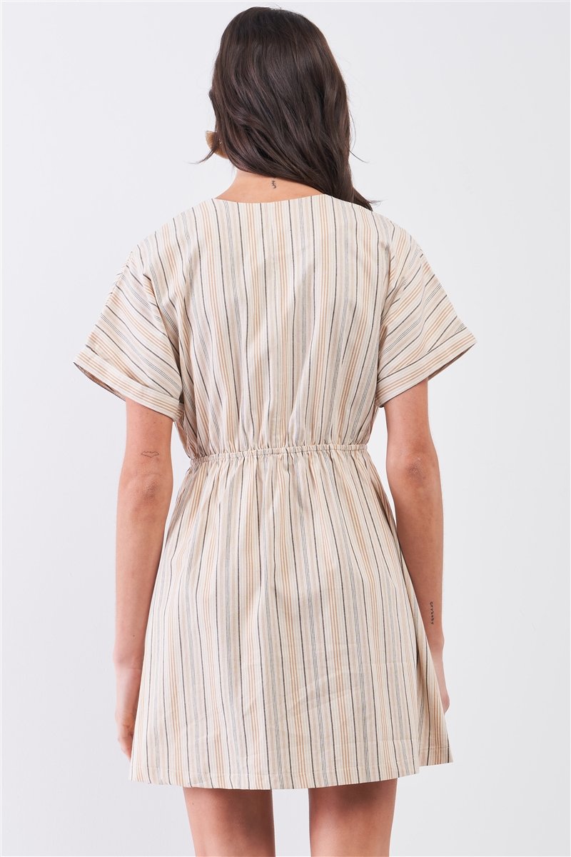 So 90s! Striped Self-tie Front Detail Short Sleeve Button Down Mini Shirt Dress - Absolute Fashion 2020
