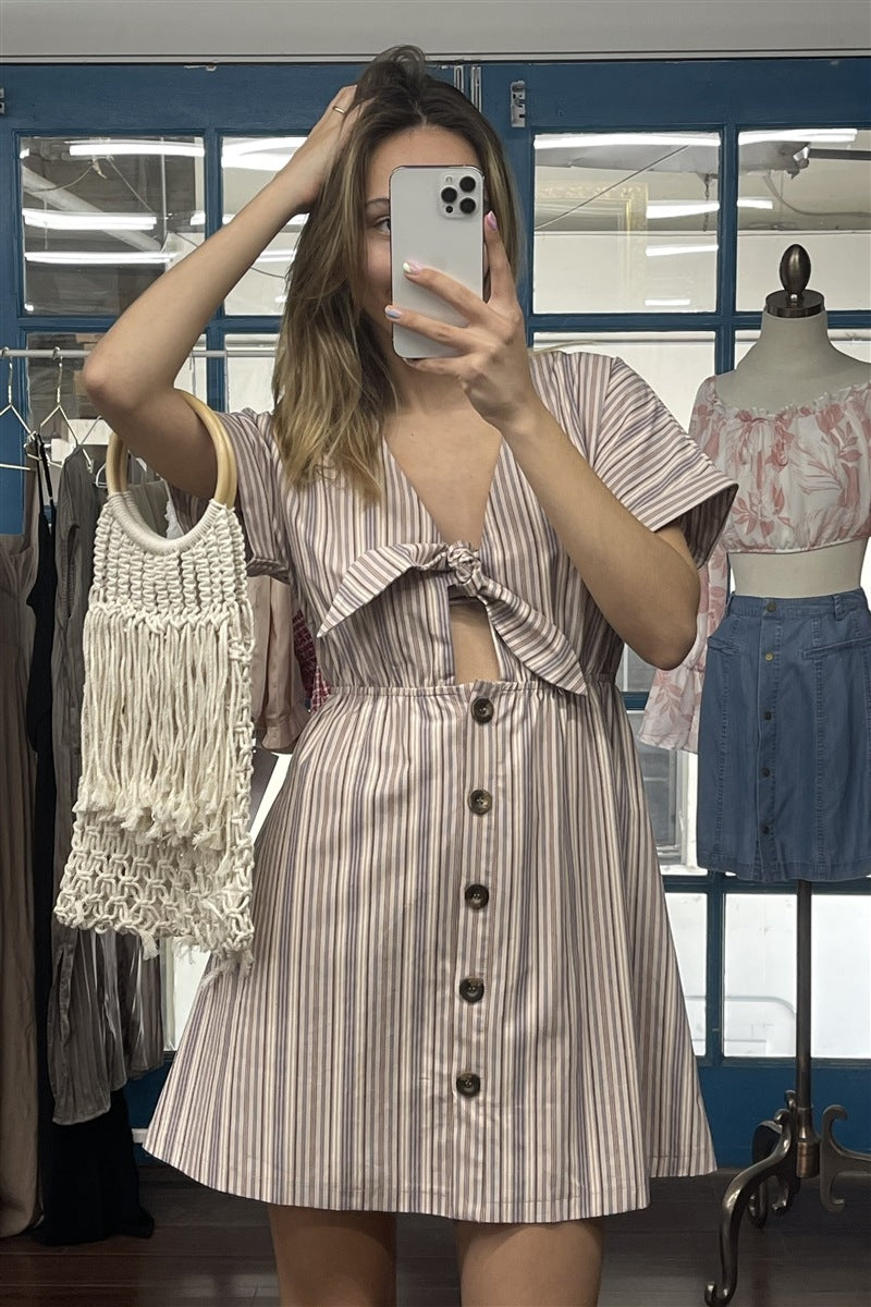 So 90s! Striped Self-tie Front Detail Short Sleeve Button Down Mini Shirt Dress - Absolute Fashion 2020