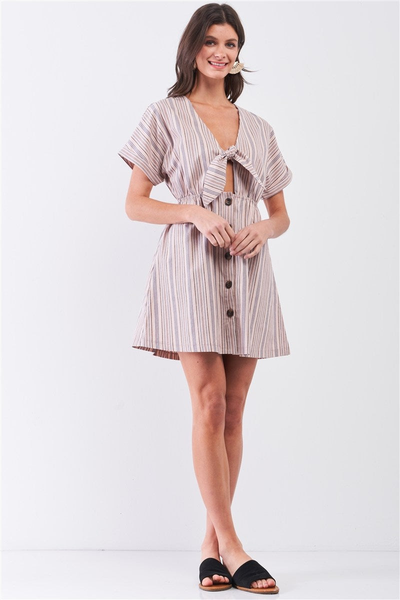 So 90s! Striped Self-tie Front Detail Short Sleeve Button Down Mini Shirt Dress - Absolute Fashion 2020