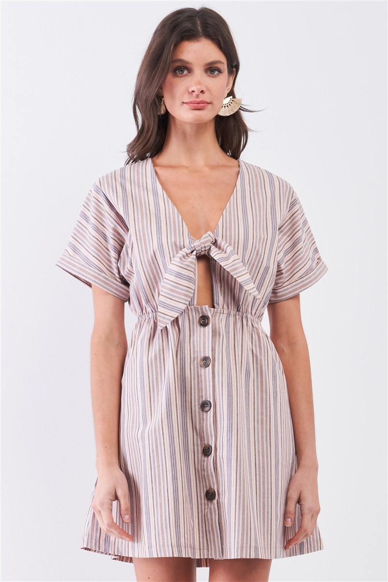 So 90s! Striped Self-tie Front Detail Short Sleeve Button Down Mini Shirt Dress - Absolute Fashion 2020