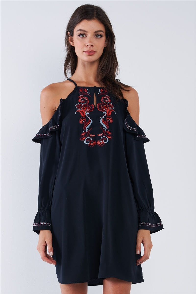 Black Boho Multicolor Traditional Slavic Inspired Floral Embroidery Loose Fit Ruffle Off-the-shoulder Long Sleeve Mini Dress - Absolute Fashion 2020