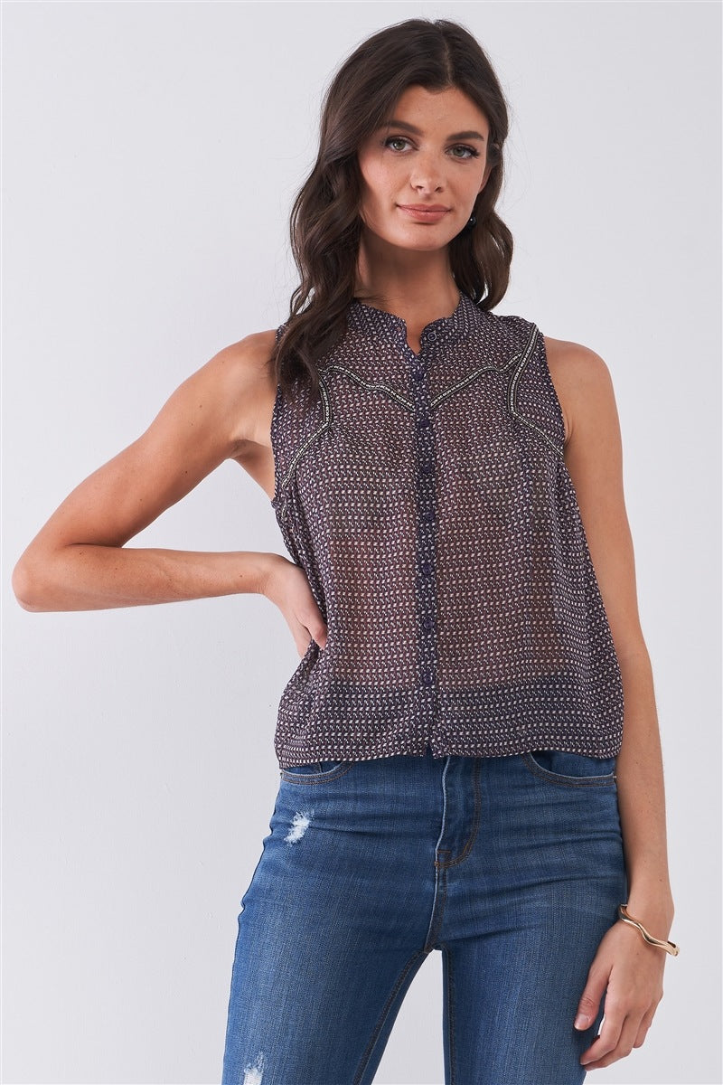 Purple & Multi Sleeveless Mock Neck Front Button Down Sheer Blouse Top - Absolute Fashion 2020