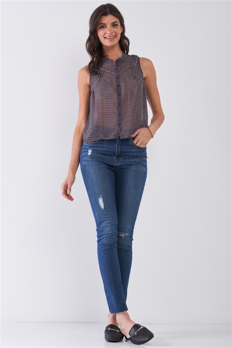 Purple & Multi Sleeveless Mock Neck Front Button Down Sheer Blouse Top - Absolute Fashion 2020