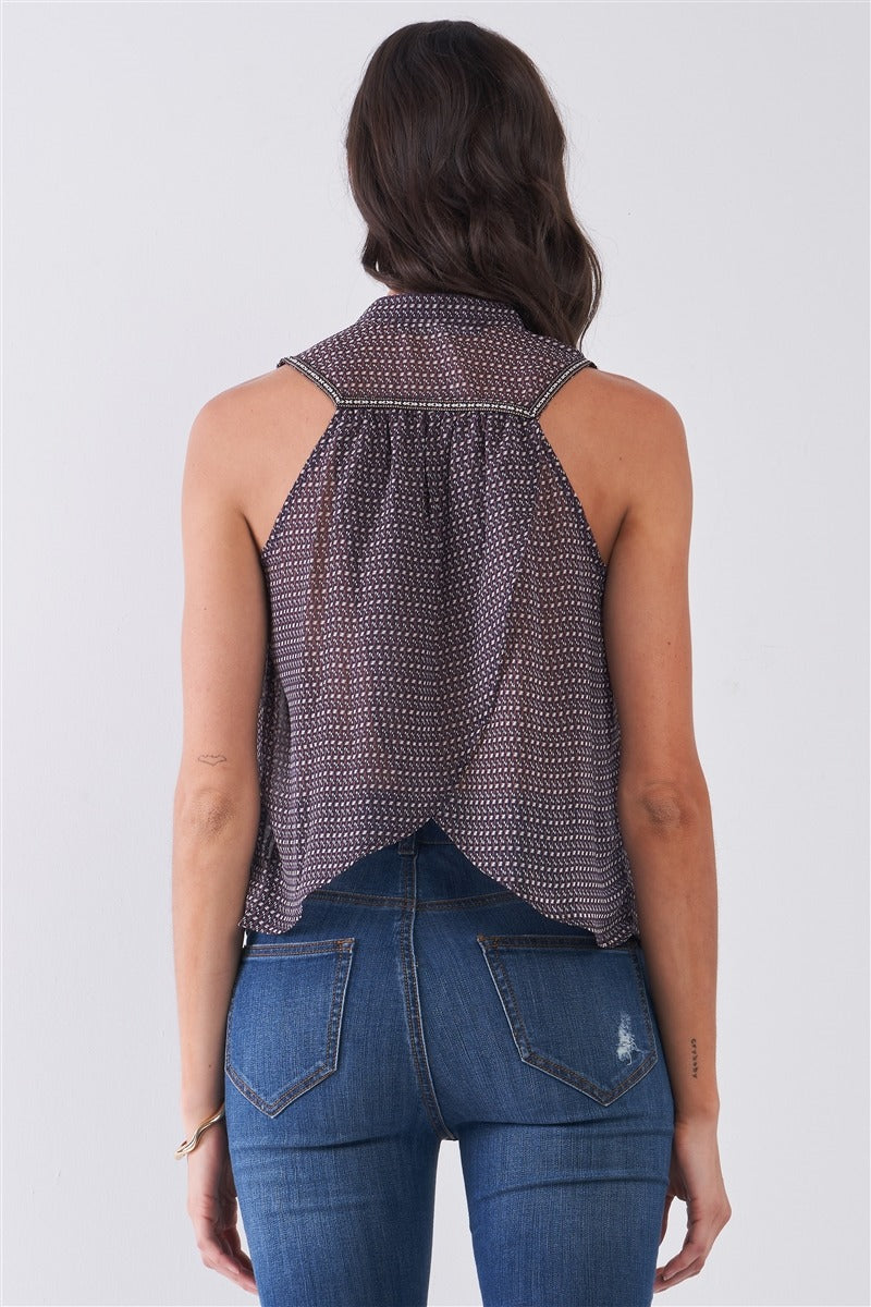 Purple & Multi Sleeveless Mock Neck Front Button Down Sheer Blouse Top - Absolute Fashion 2020