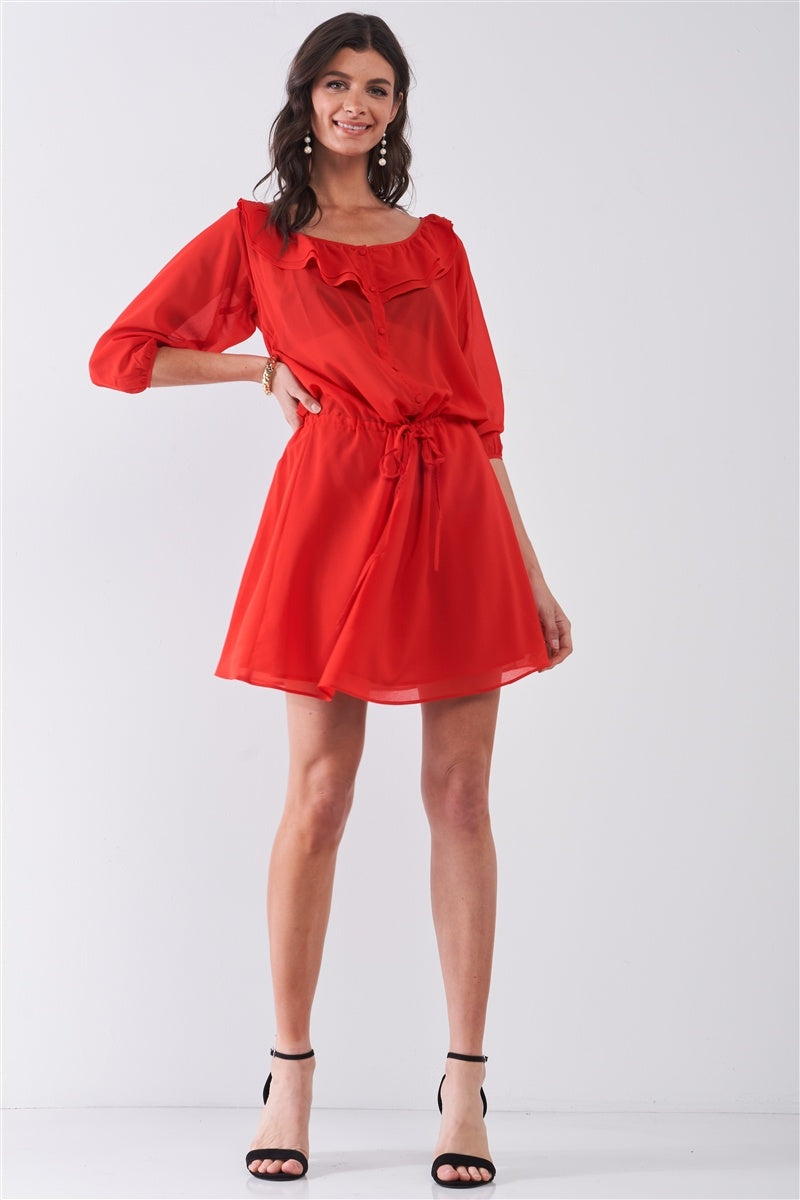 Flame Red Boat Neck Ruffle Collar Midi Sleeve Self-tie Waist Front Button Down Mini Dress - Absolute Fashion 2020