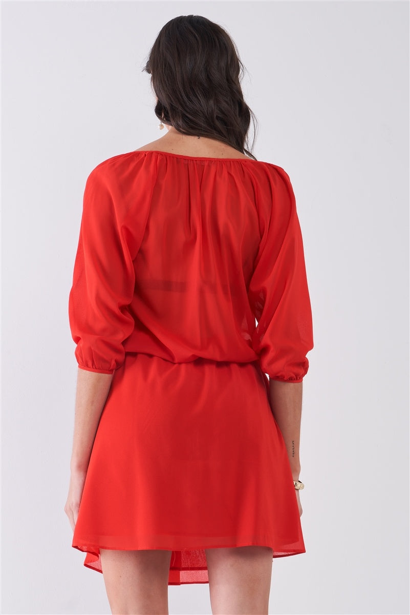Flame Red Boat Neck Ruffle Collar Midi Sleeve Self-tie Waist Front Button Down Mini Dress - Absolute Fashion 2020