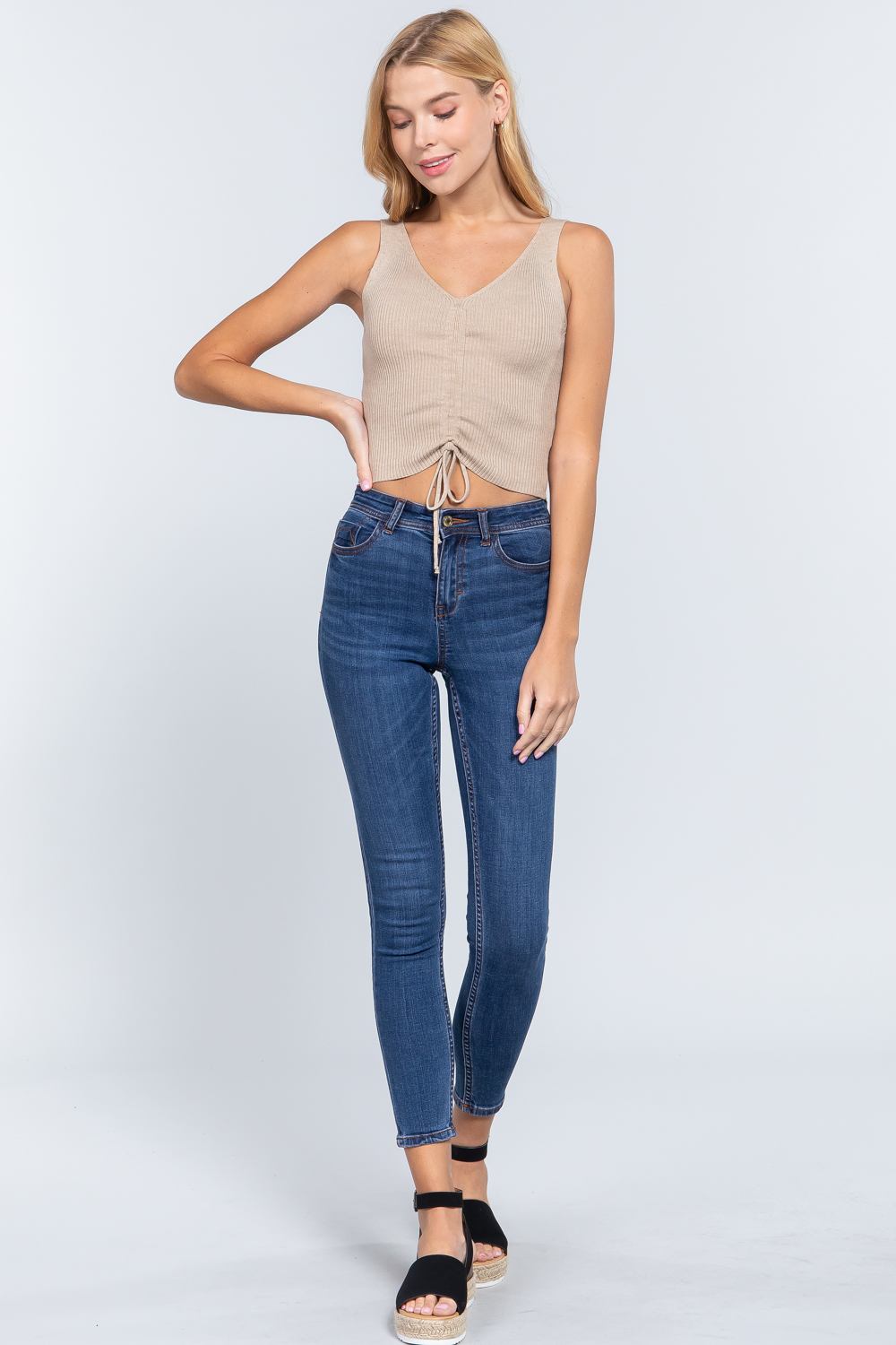 Slvless Shirring Tie Rib Sweater Top - Absolute Fashion 2020