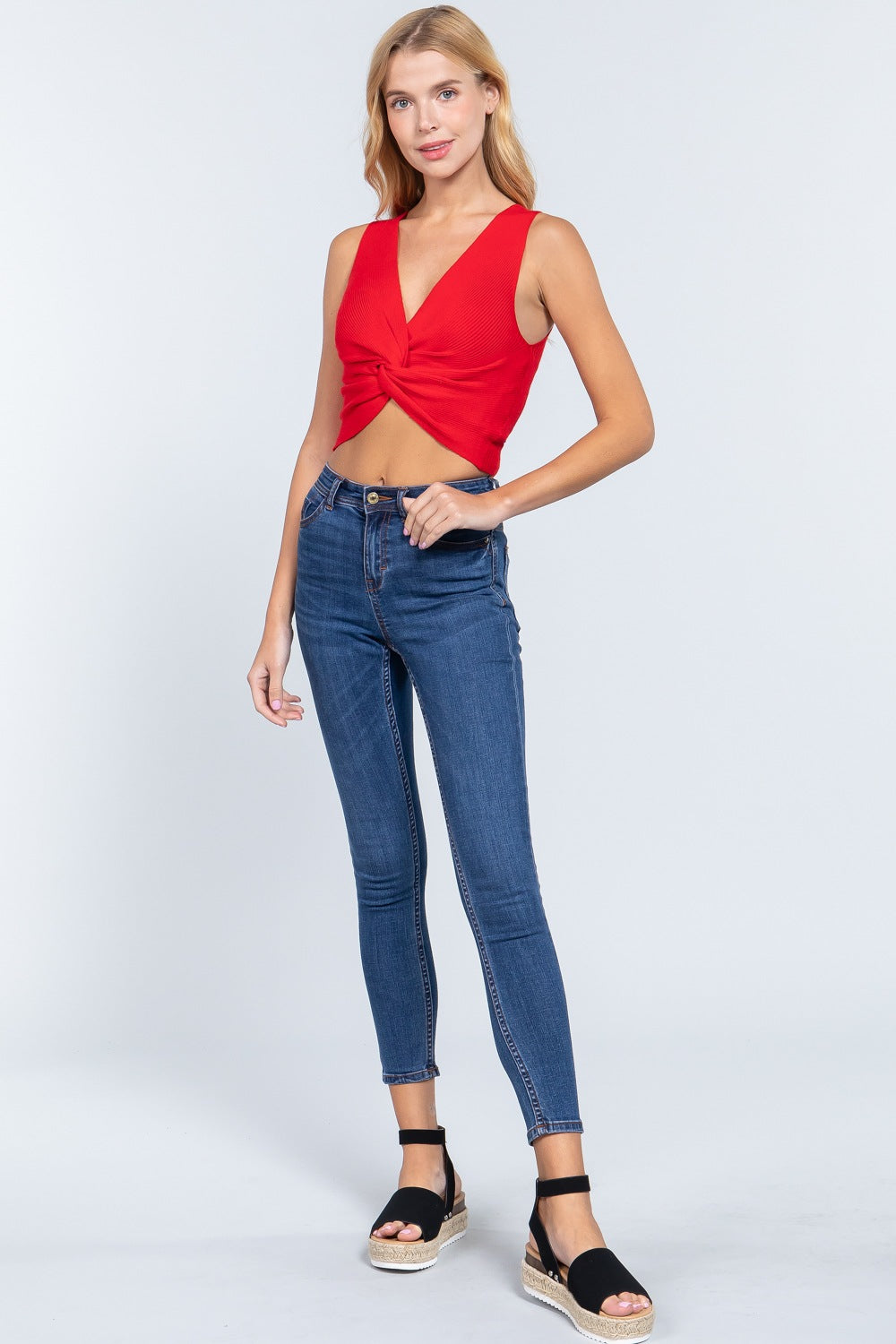 Sleeveless V-neck Twist Knot Knit Top - Absolute Fashion 2020