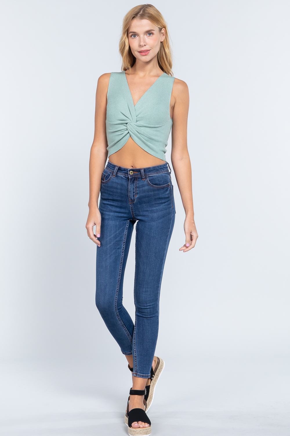 Sleeveless V-neck Twist Knot Knit Top - Absolute Fashion 2020