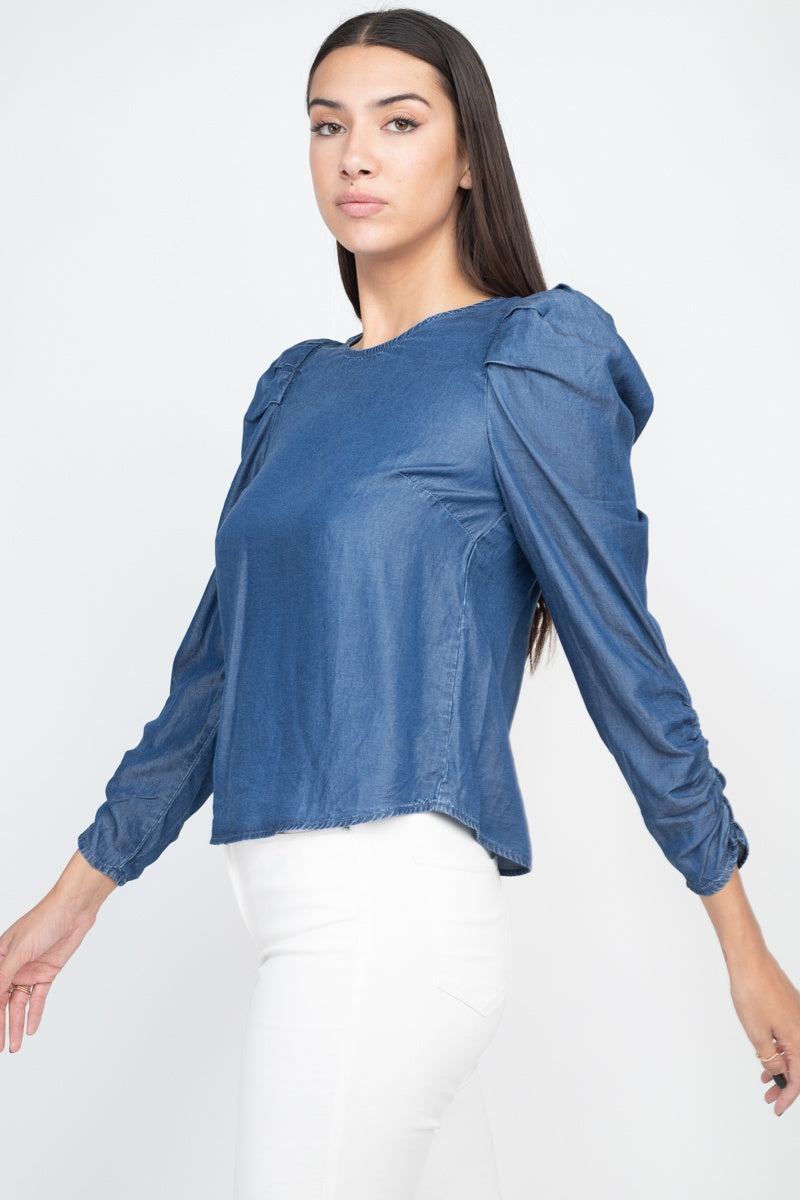 Shirring Puff Sleeves Denim Top - Absolute Fashion 2020