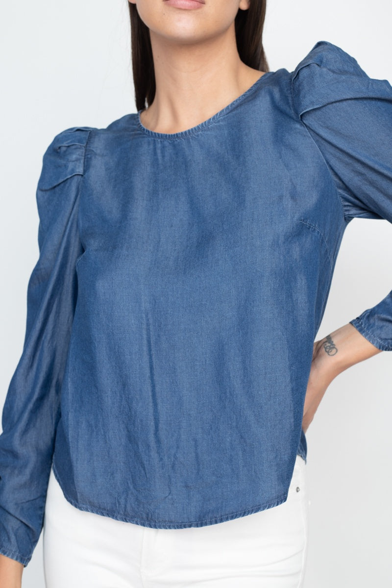 Shirring Puff Sleeves Denim Top - Absolute Fashion 2020