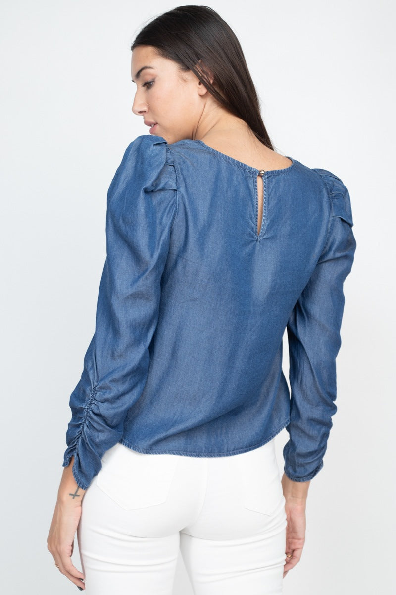 Shirring Puff Sleeves Denim Top - Absolute Fashion 2020