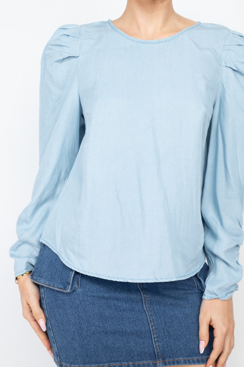 Shirring Puff Sleeves Denim Top - Absolute Fashion 2020