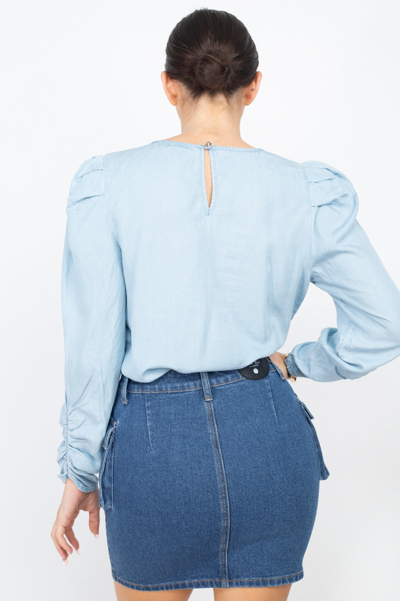 Shirring Puff Sleeves Denim Top - Absolute Fashion 2020