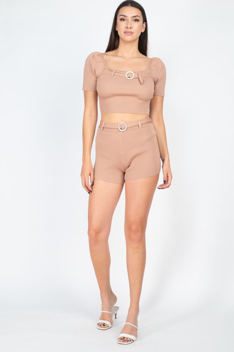 Scoop Neck Crop Top And Ribbed Shorts - Absolute Fashion 2020