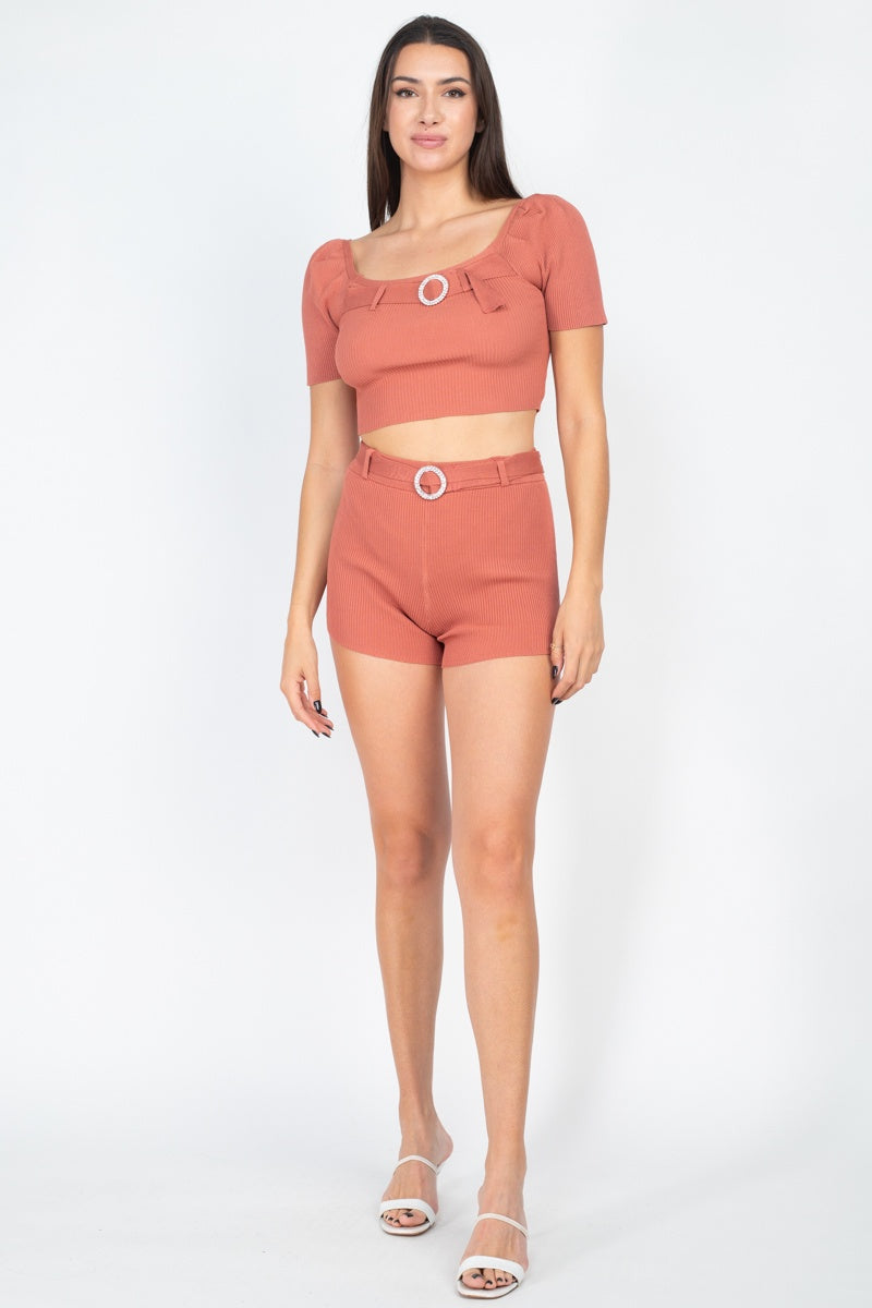 Scoop Neck Crop Top And Ribbed Shorts - Absolute Fashion 2020