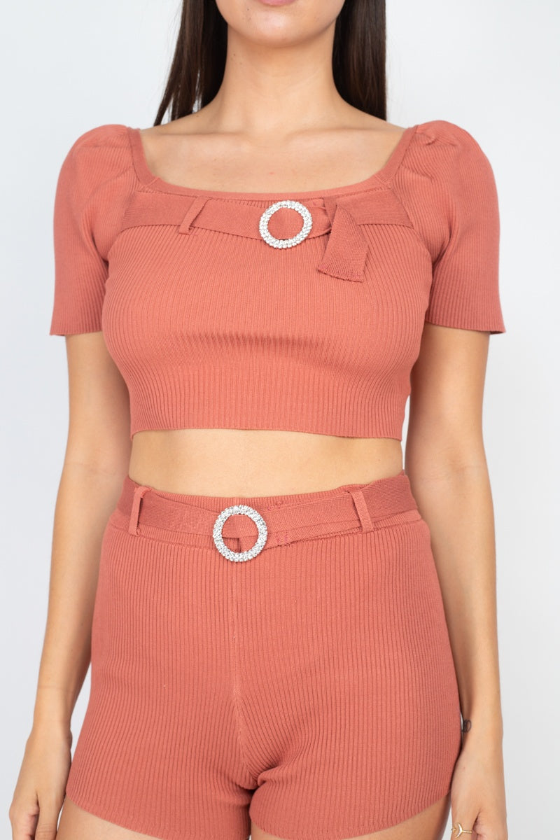 Scoop Neck Crop Top And Ribbed Shorts - Absolute Fashion 2020