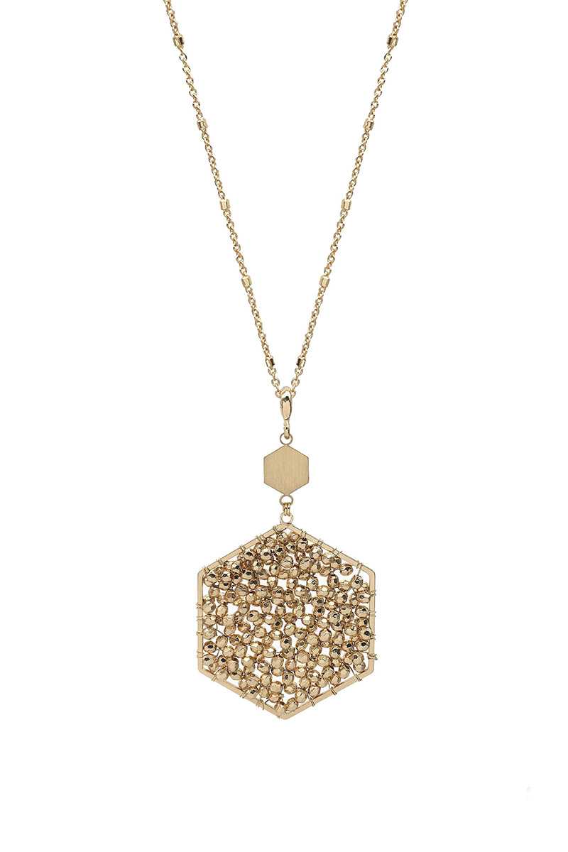 Fashion Glass Bead Hexagon Pendant Long Necklace - Absolute Fashion 2020