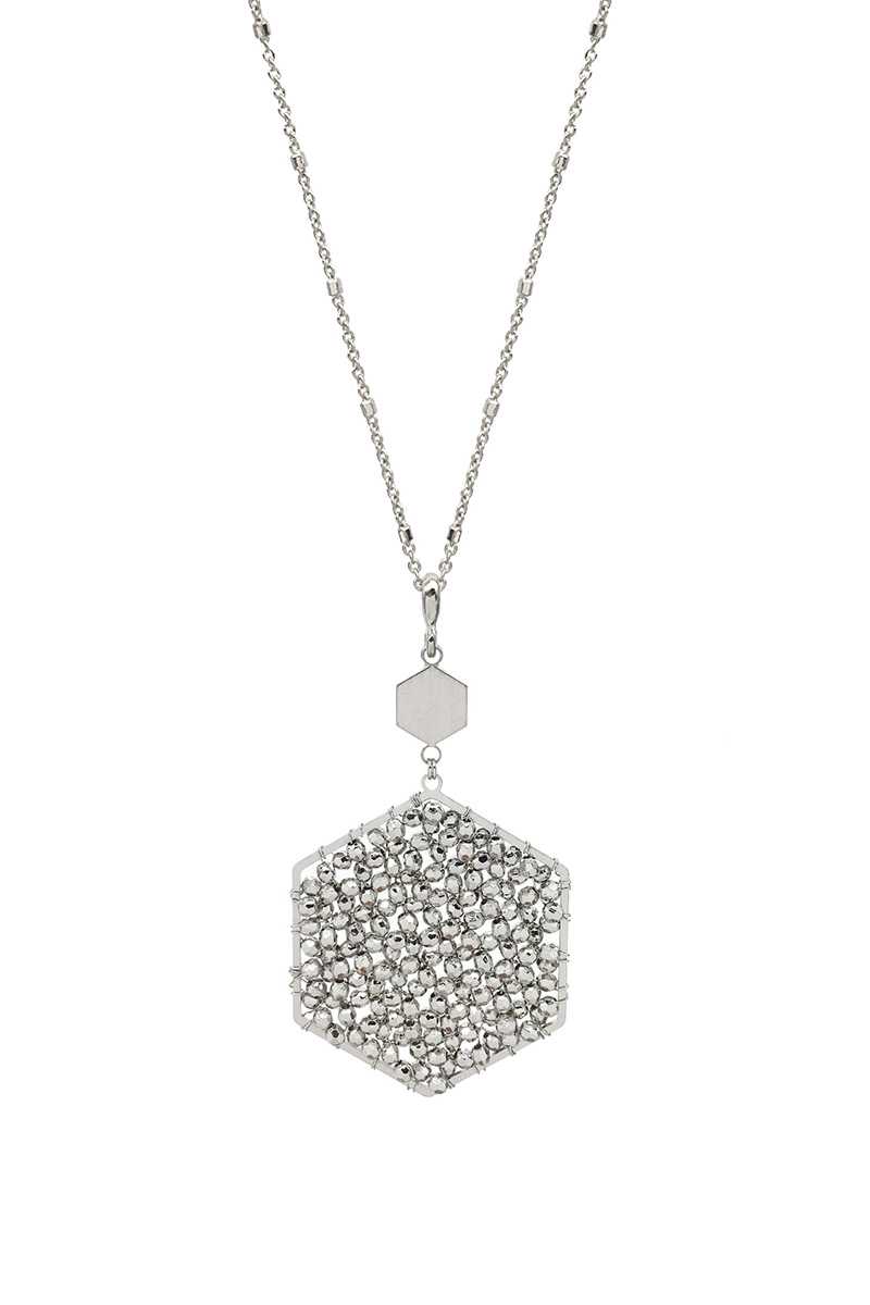 Fashion Glass Bead Hexagon Pendant Long Necklace - Absolute Fashion 2020