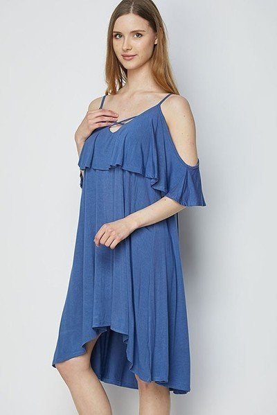 Solid Strappy Detail Cold Shoulder Ruffle Dress - Absolute Fashion 2020
