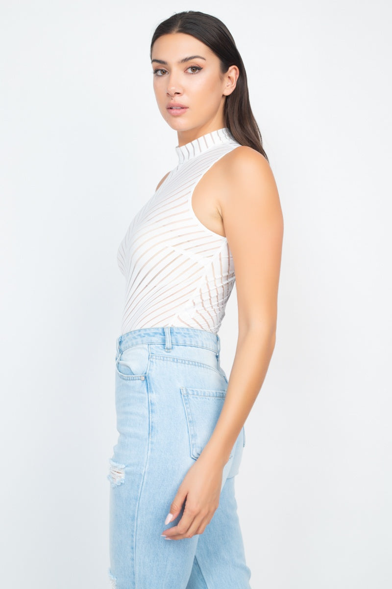 Stripe Mesh Mock Neck Bodysuit - Absolute Fashion 2020