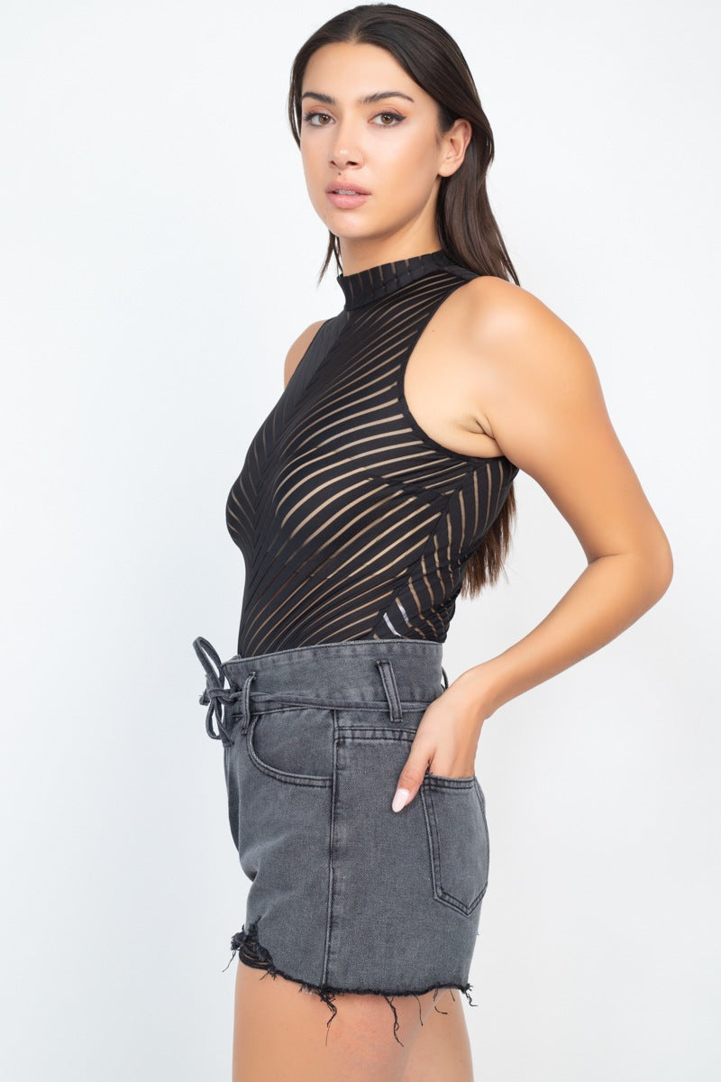 Stripe Mesh Mock Neck Bodysuit - Absolute Fashion 2020