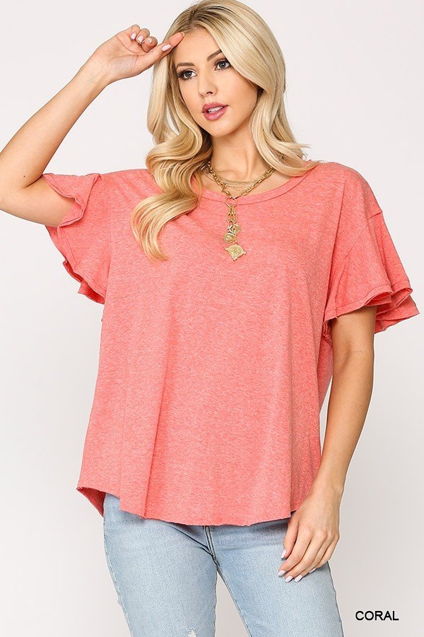 Solid Round Neck Frill Sleeve Top With Scoop Hem - Absolute Fashion 2020