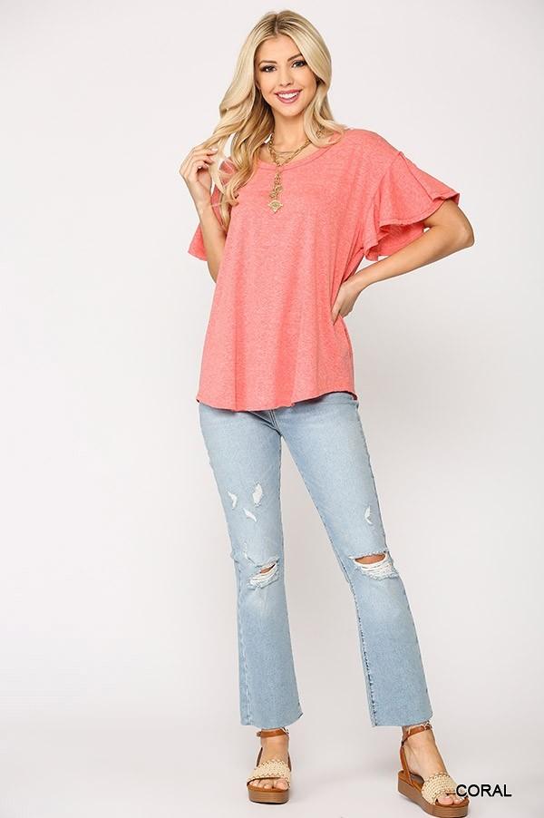Solid Round Neck Frill Sleeve Top With Scoop Hem - Absolute Fashion 2020