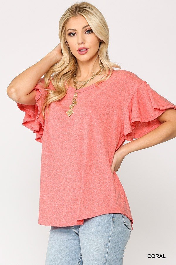 Solid Round Neck Frill Sleeve Top With Scoop Hem - Absolute Fashion 2020