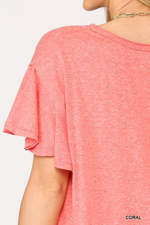 Solid Round Neck Frill Sleeve Top With Scoop Hem - Absolute Fashion 2020