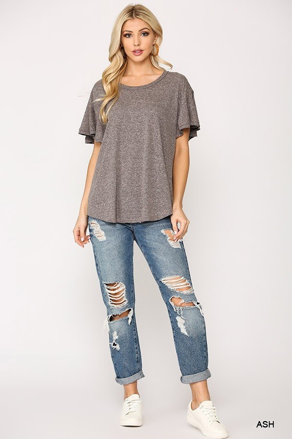 Solid Round Neck Frill Sleeve Top With Scoop Hem - Absolute Fashion 2020