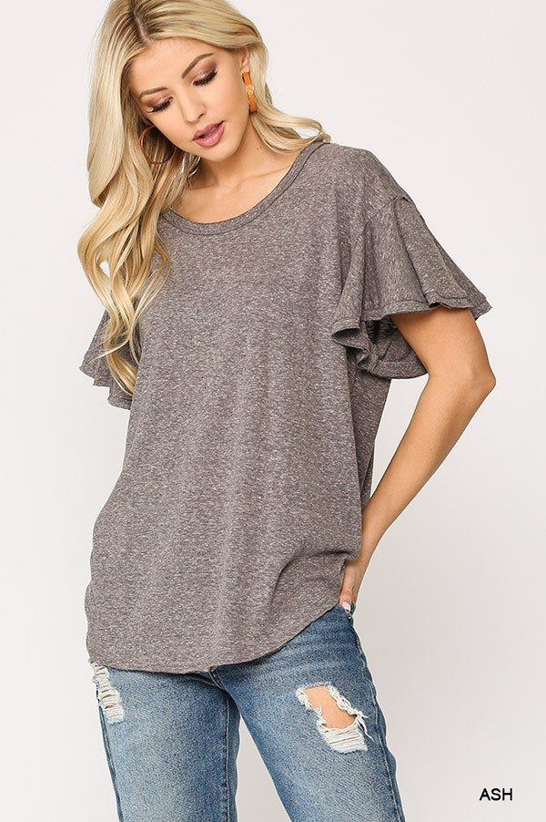 Solid Round Neck Frill Sleeve Top With Scoop Hem - Absolute Fashion 2020