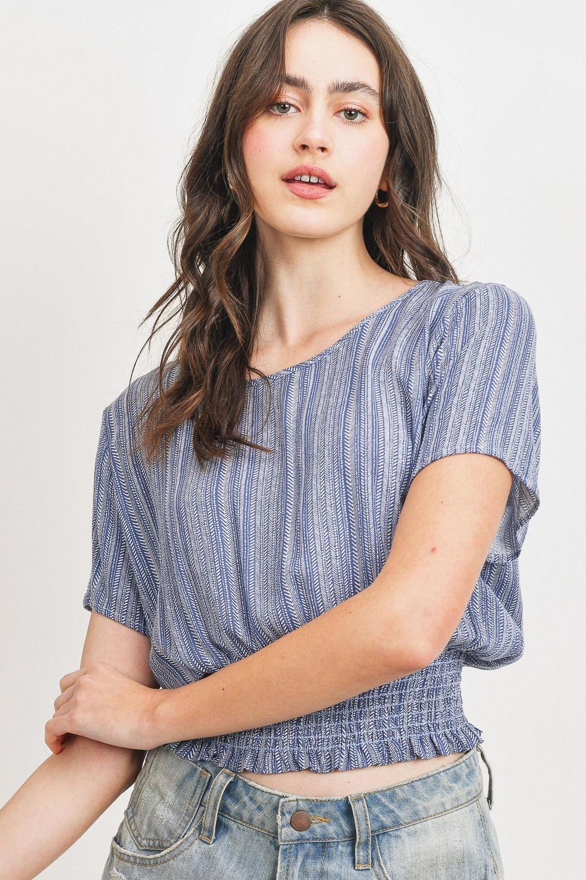Woven Printed Crinkle Gauze Waist Smocking Short Sleeve Top - Absolute Fashion 2020