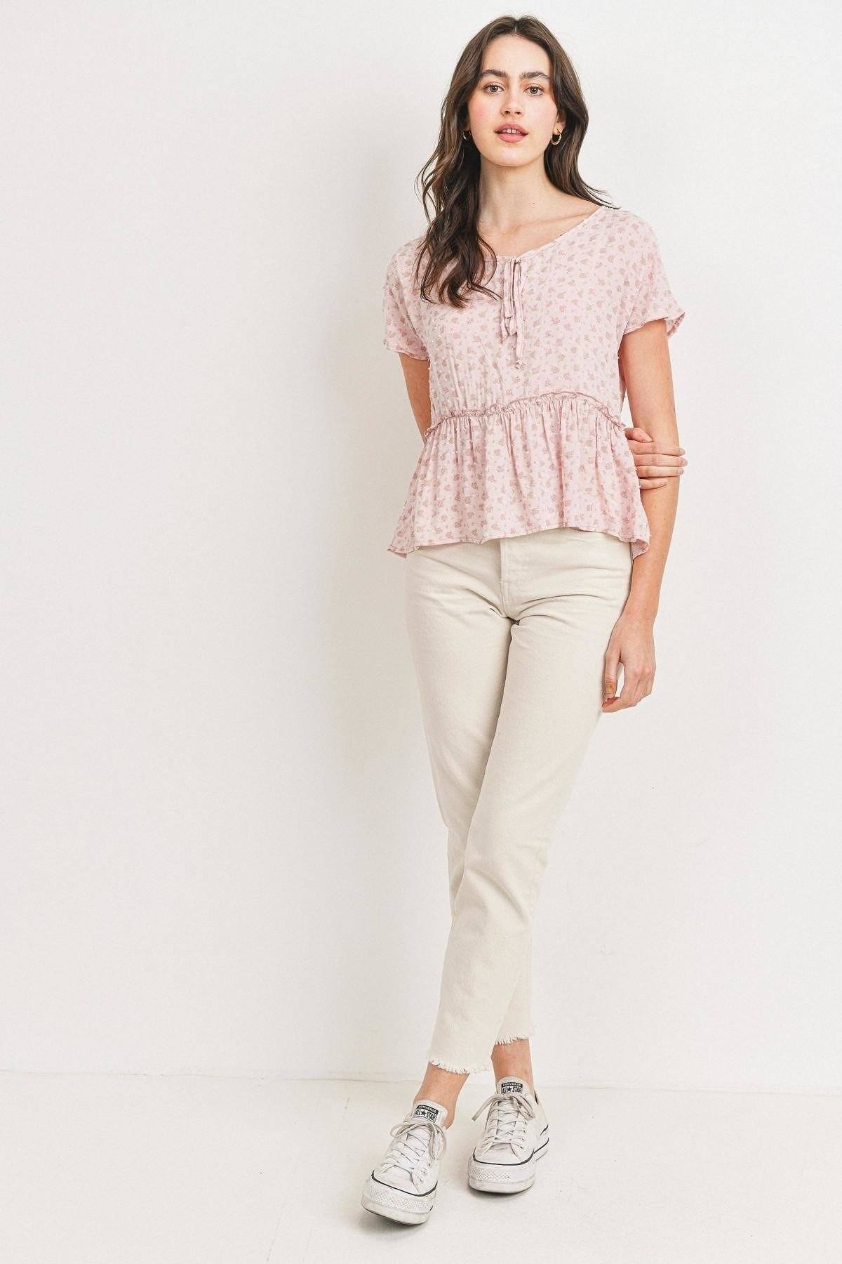 Printed Woven Front Tied Neck Flounce Short Sleeve Top - Absolute Fashion 2020