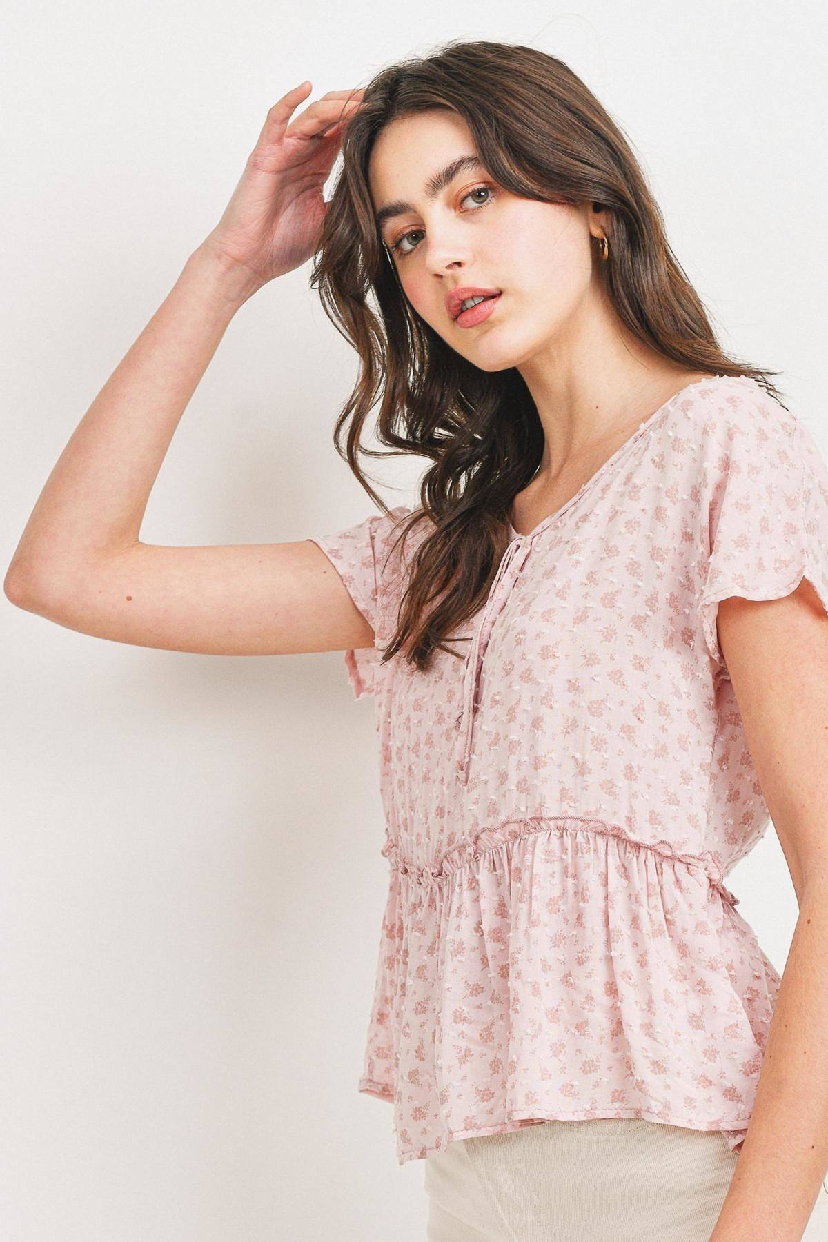 Printed Woven Front Tied Neck Flounce Short Sleeve Top - Absolute Fashion 2020