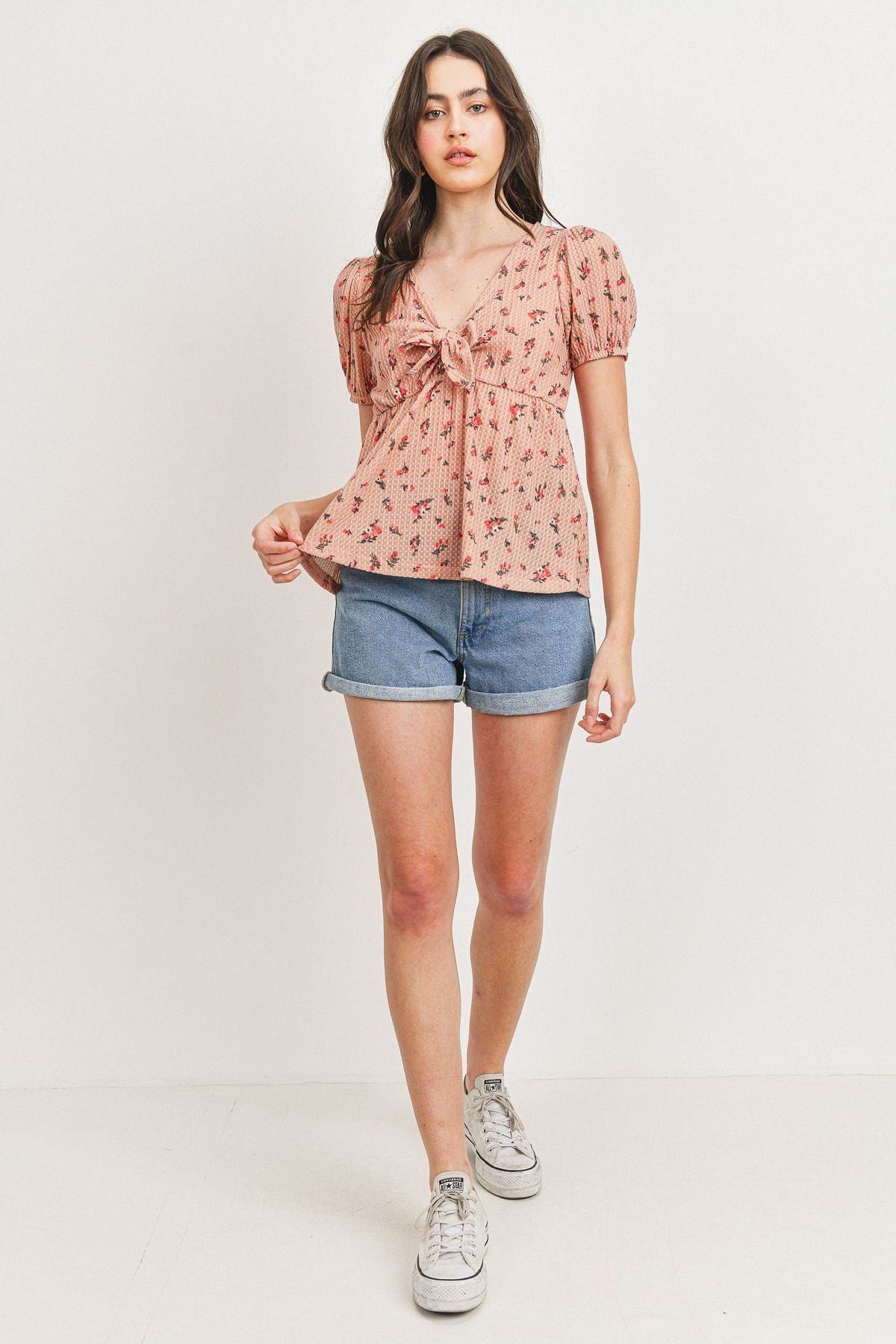 Front Tie Floral Waffle Top - Absolute Fashion 2020