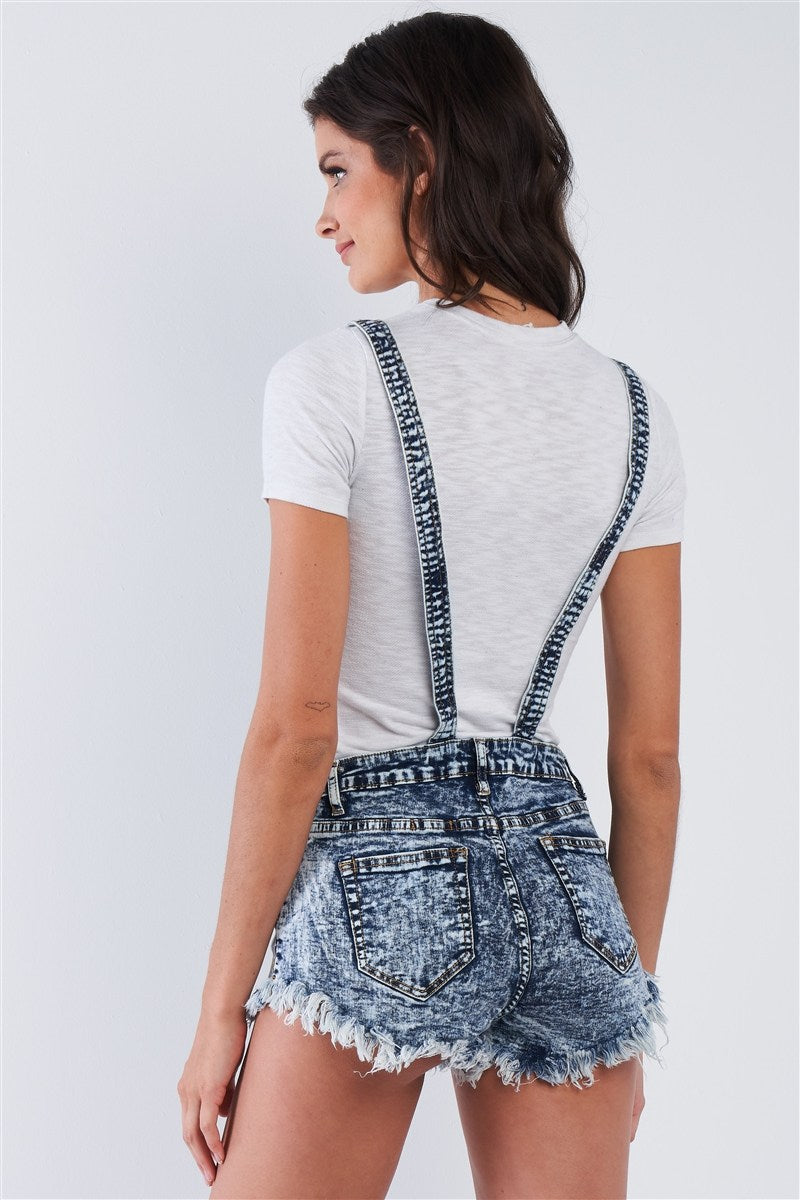 Denim Acid Washed Fringed Mini Short Overall - Absolute Fashion 2020