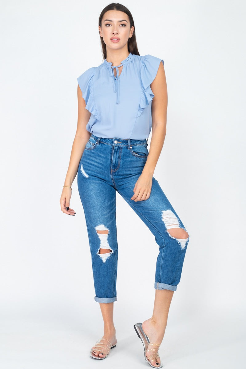 Ruffled Sleeves Mock Neck Top - Absolute Fashion 2020